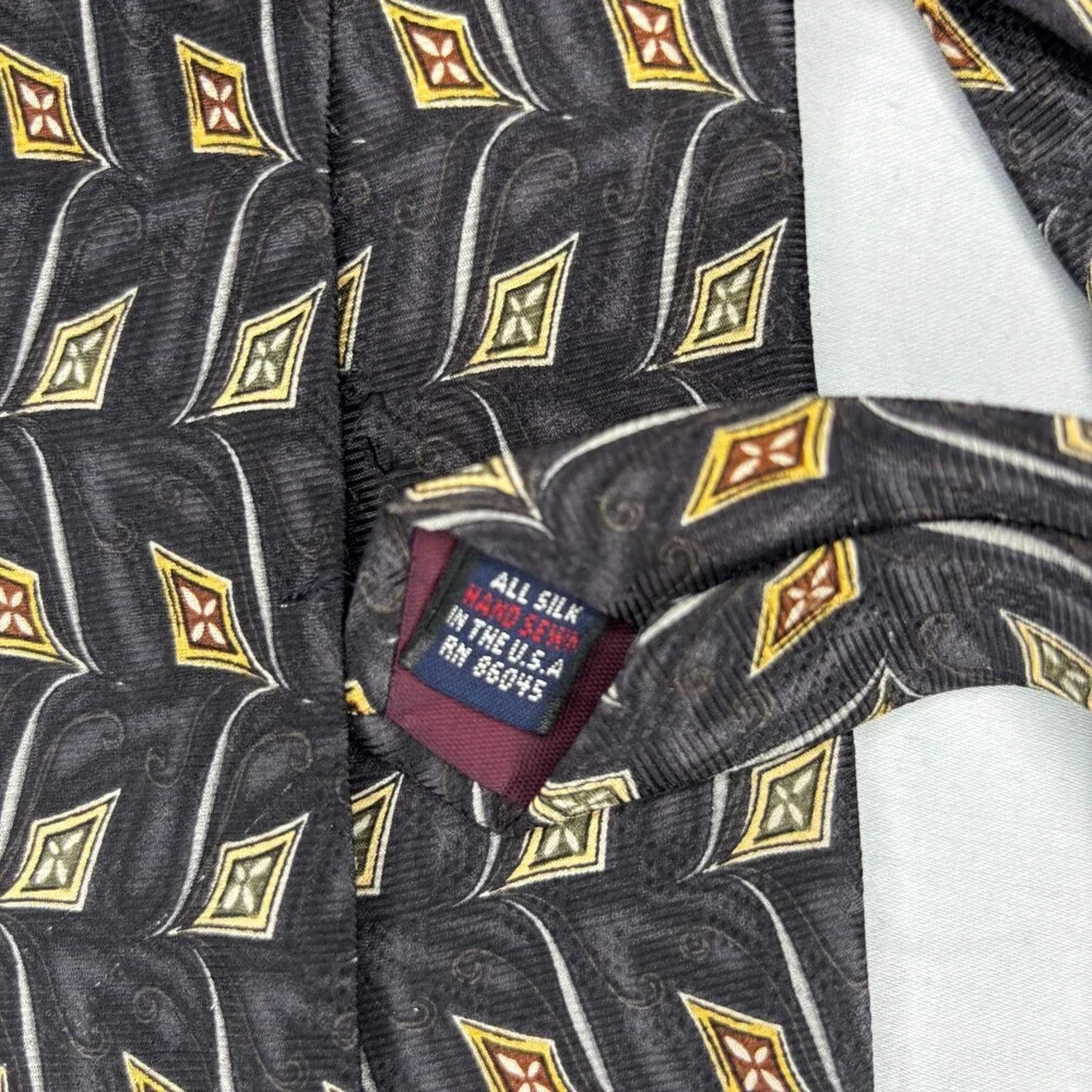 BG&C 100% Silk Hand Sewn Mens Tie Black Gray Gold Geometric Classic Made in USA